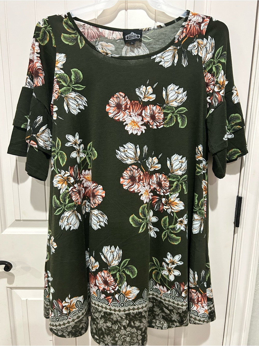 Olive Green Floral Ruffle Sleeve Tunic/Dress